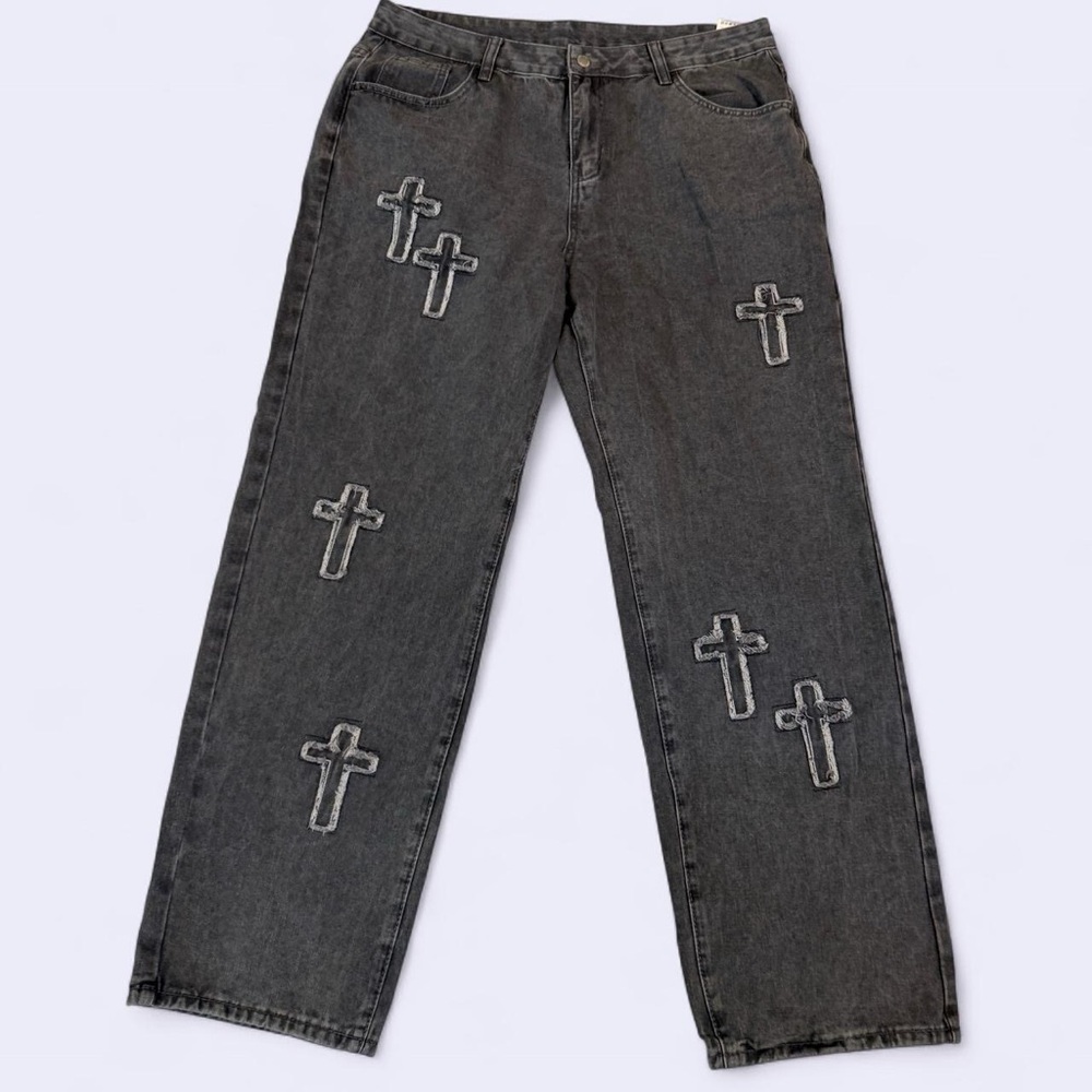 Men's Gray Straight Jeans with Cross Design